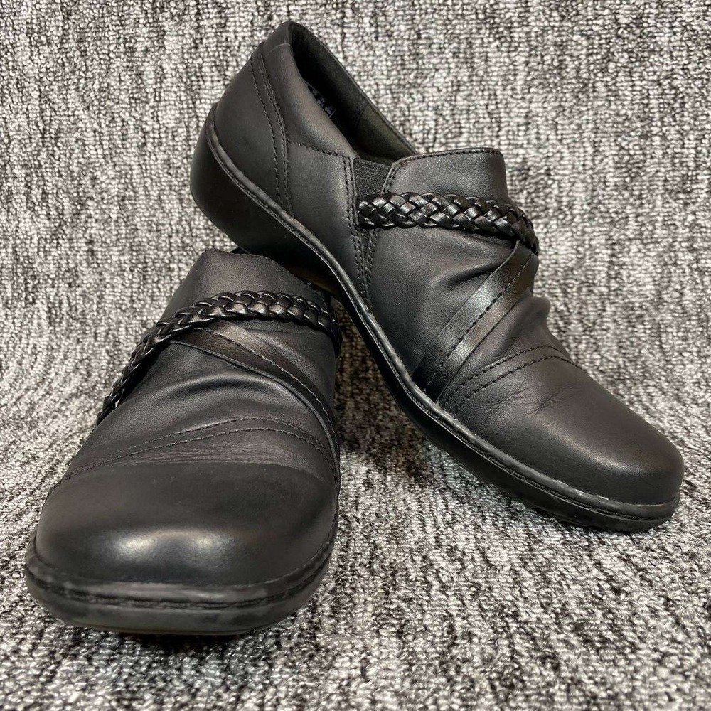 Clarks Cora Braid Black Leather Loafer Women 8.5 M Comfort Walking Shoes Shootie
